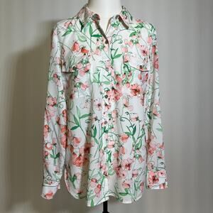 Tommy Hilfiger Pink Floral Button Up Roll Tab Sleeve Blouse Womens Size Medium M